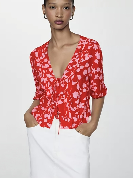 Mango Tops - Mango Women’s Bow Printed Floral Blouse - Red & Pink